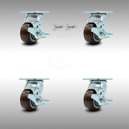 Service Caster 4 Inch SS Polyurethane Caster Set with Roller Bearings 4 Brake 2 Swivel Lock SCC SCC-SS30S420-PPUR-TLB-BSL-2-TLB-2